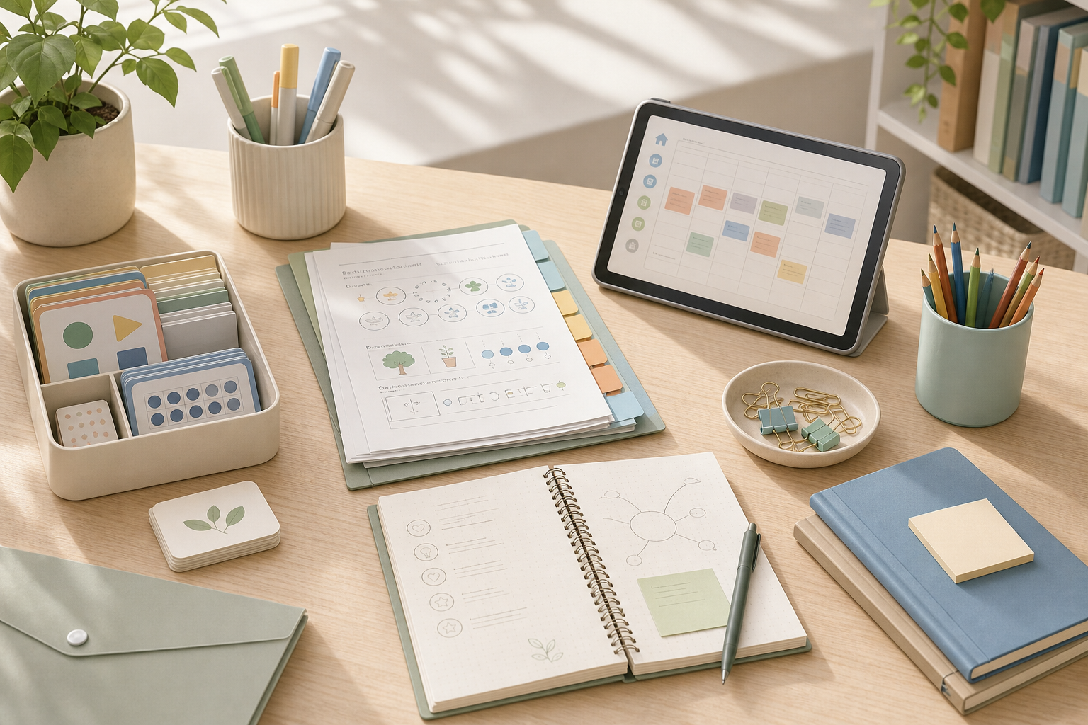 Illustration de ressources pédagogiques organisées sur un bureau calme avec fiches, cartes d'apprentissage, carnet et tablette