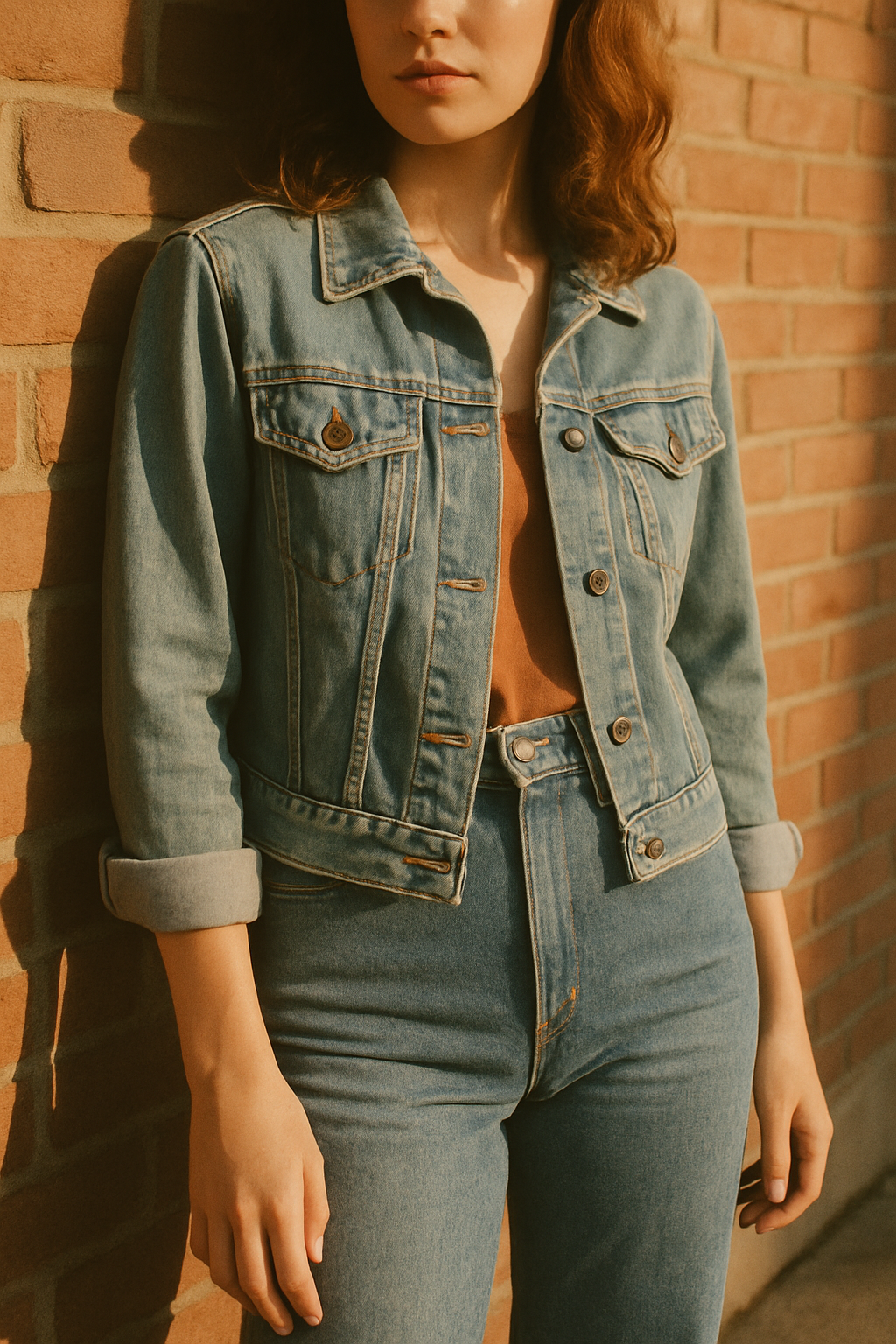 Cropped editorial photo of a model in a faded 70s denim jacket and high-rise jeans, leaning against a sunlit brick wall