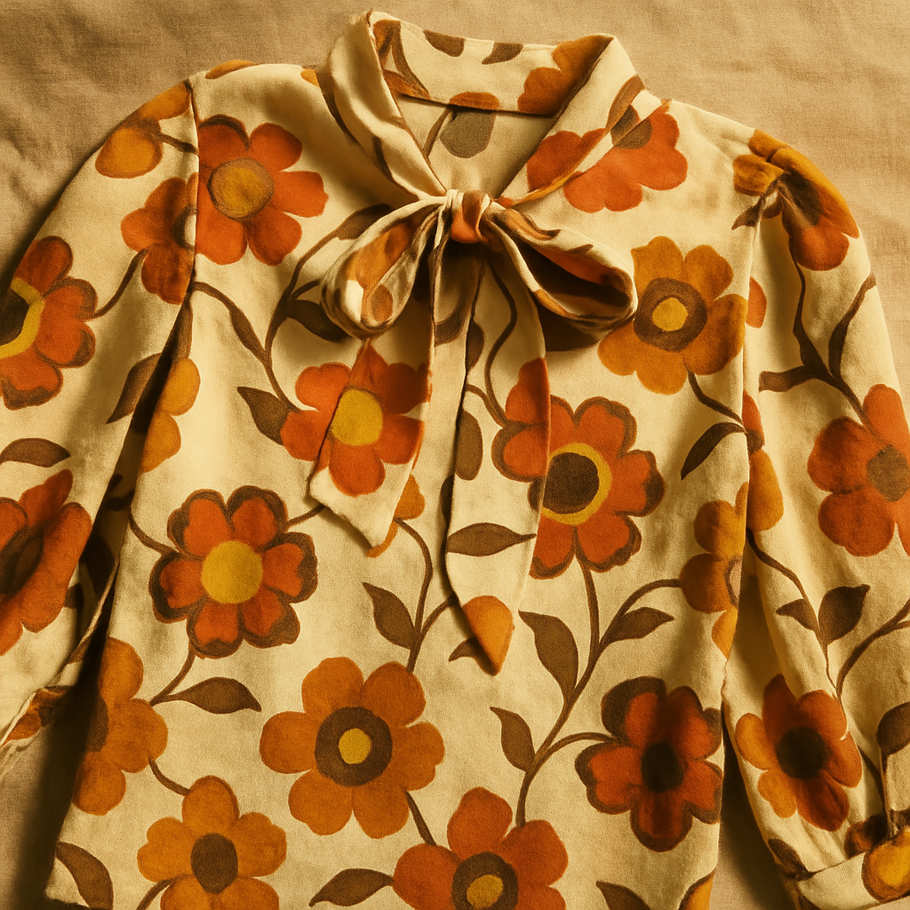 Top-down view of a cream printed blouse with bold retro floral patterns and a tied neck detail on textured linen