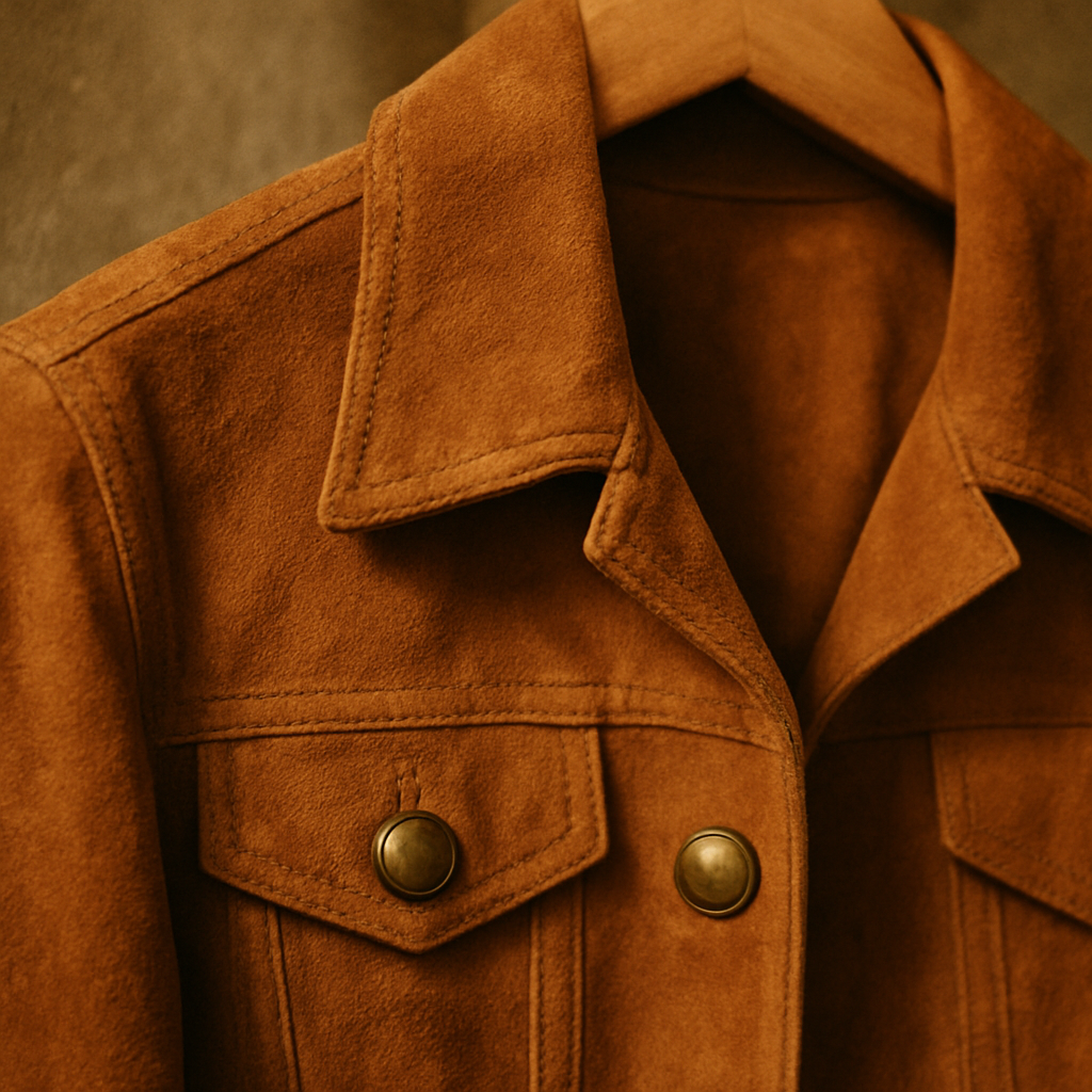 Warm cinematic close-up of a caramel suede jacket with vintage brass buttons on a wooden hanger
