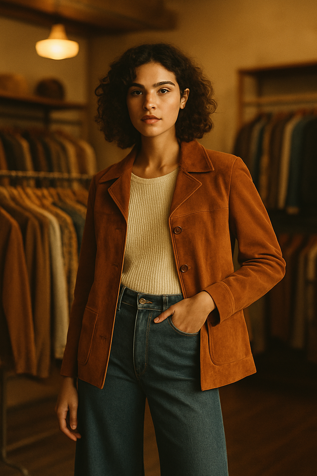 Warm film photograph of a stylish model wearing a rust suede jacket and wide-leg denim in a vintage boutique