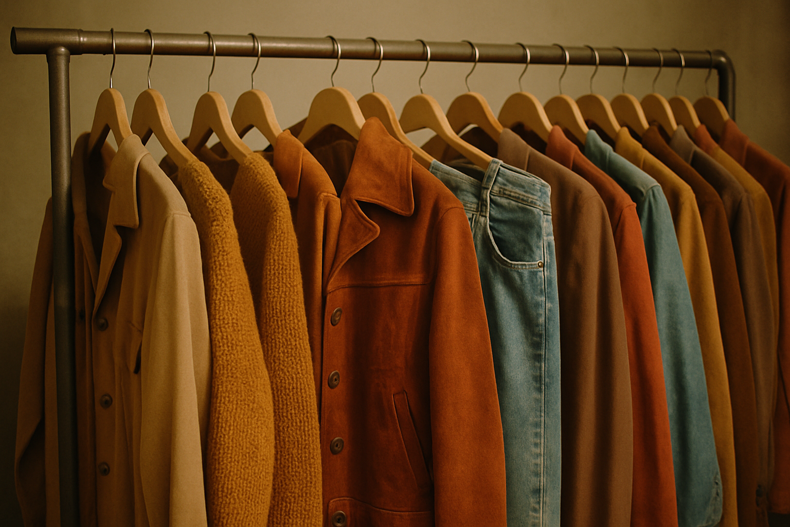 Warm film photo of a curated vintage clothing rack with 70s and 80s pieces in earthy tones