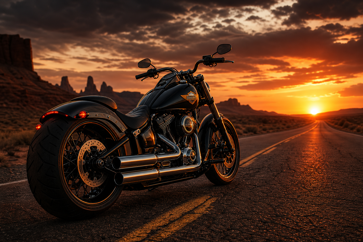 Cinematic view of a custom Harley-Davidson cruiser on an empty desert highway at dusk with chrome details and warm orange glow