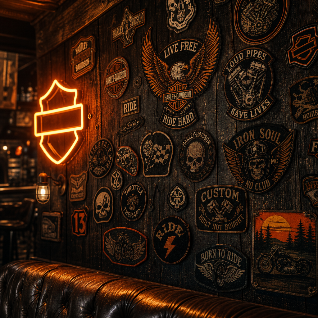 Interior of a dim biker roadhouse wall filled with vintage patches, neon glow and worn wood