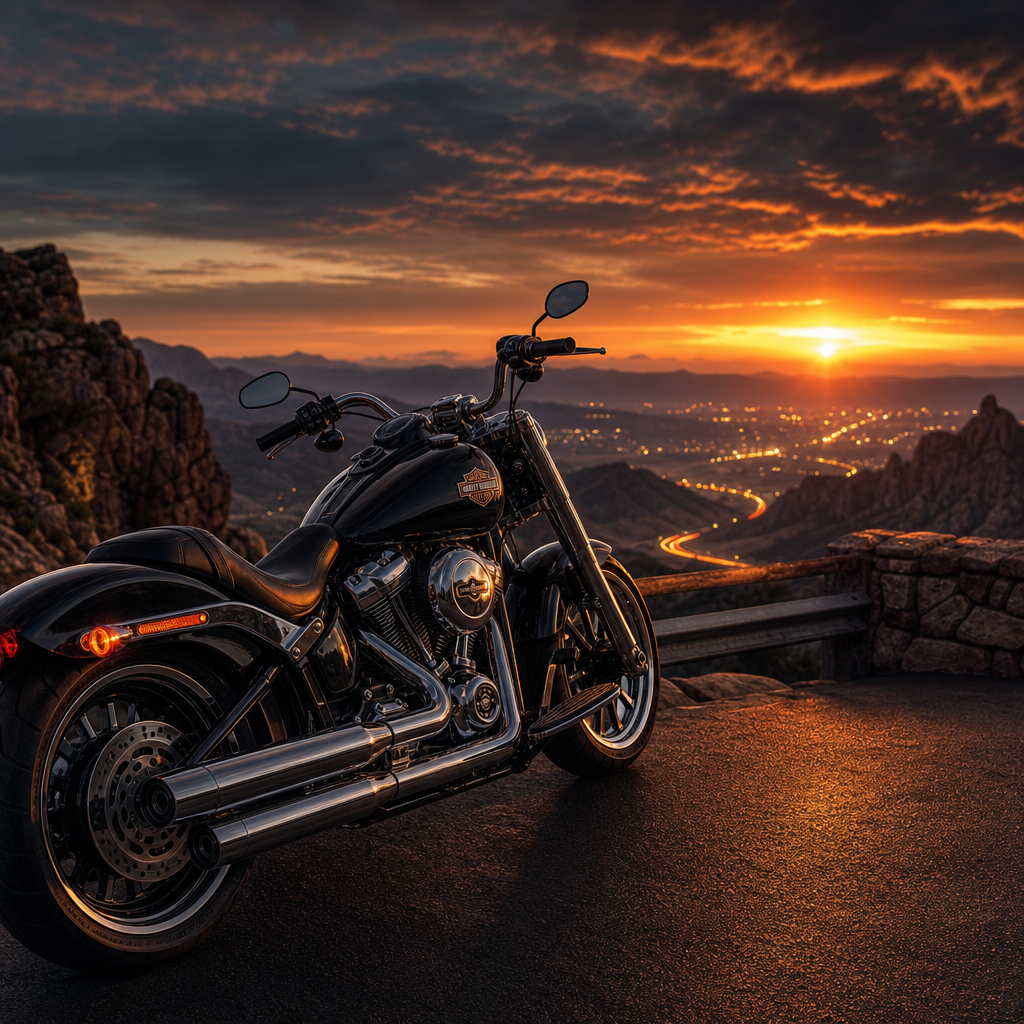 Sunset overlook with a Harley parked beside guardrails, orange sky reflecting on chrome