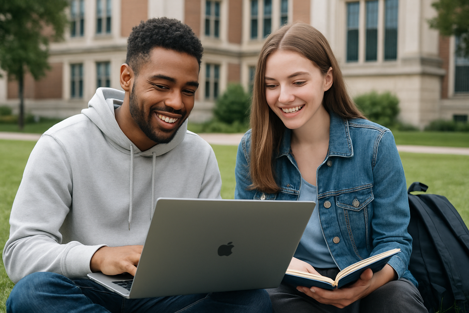 Two UK students with a laptop smiling on campus