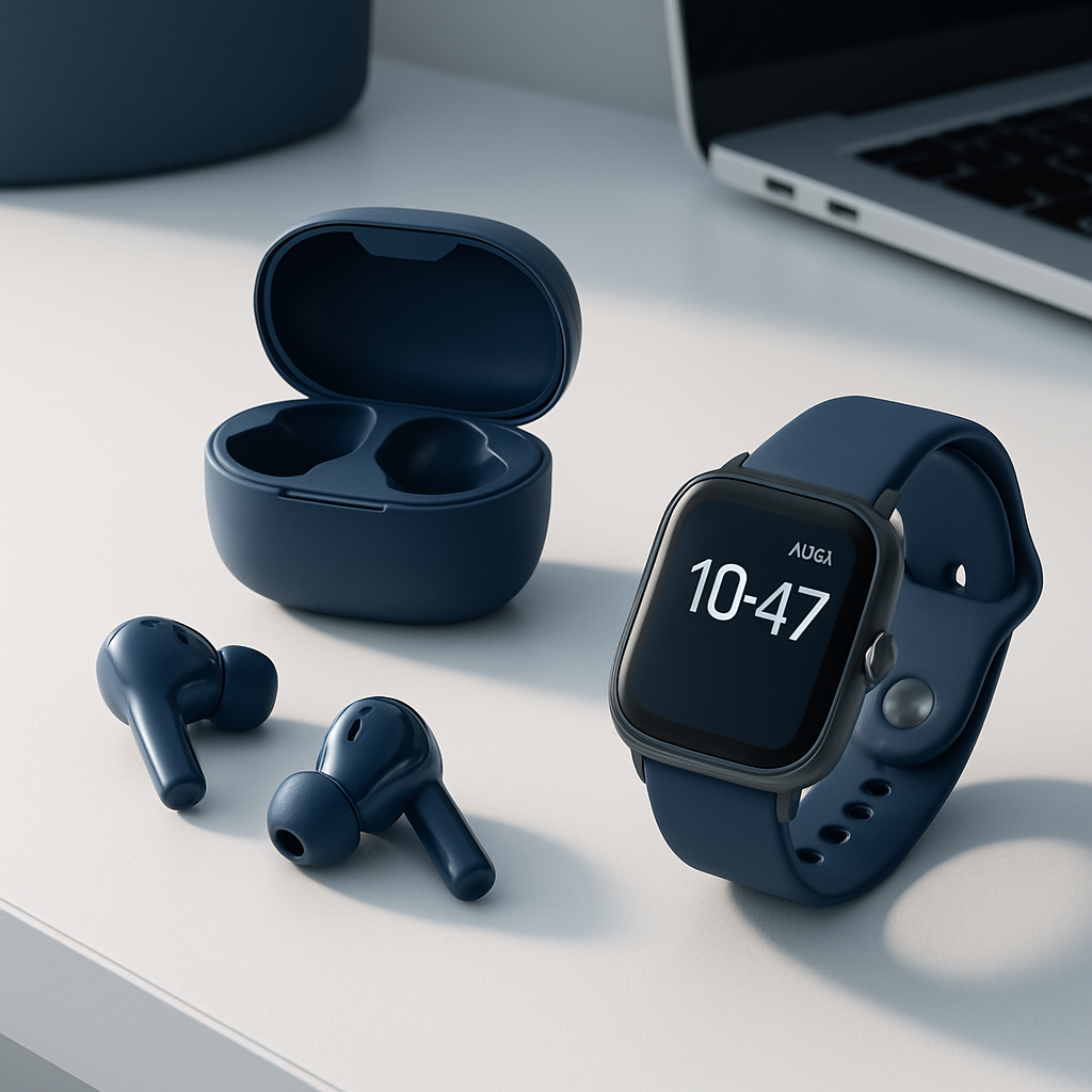 Wireless earbuds and smartwatch on a desk