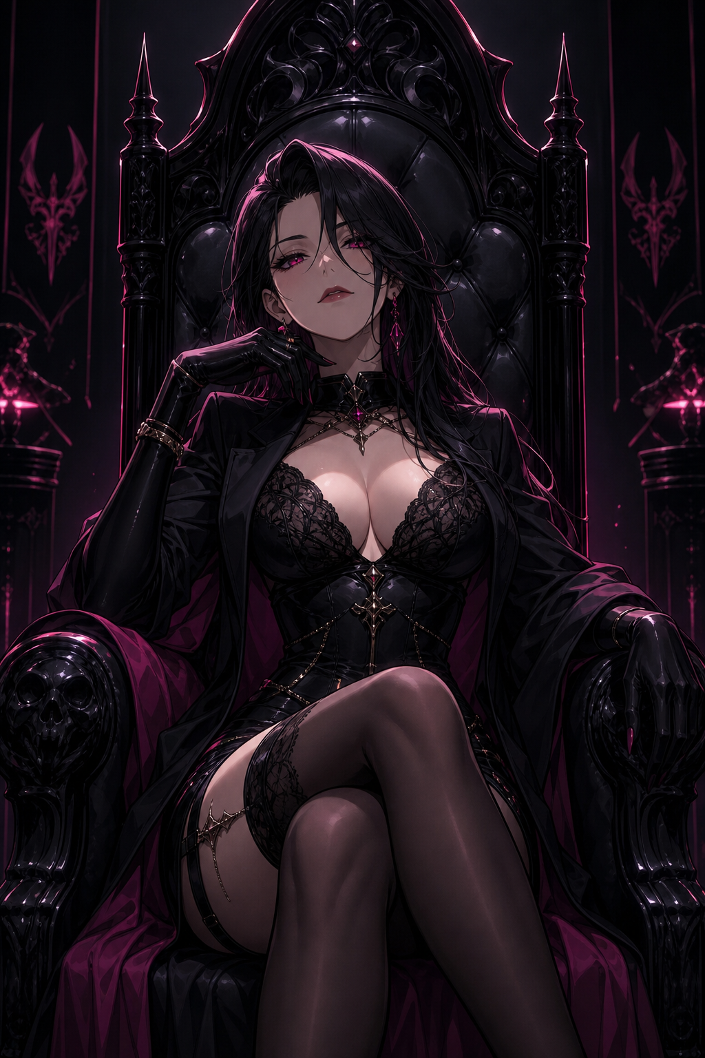 Crisp dark anime-inspired character portrait seated on a gothic throne in an elegant stylized illustrated treatment.
