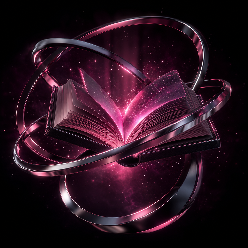 Open book surrounded by abstract metallic rings, subtle stardust, and a deep magenta cosmic glow