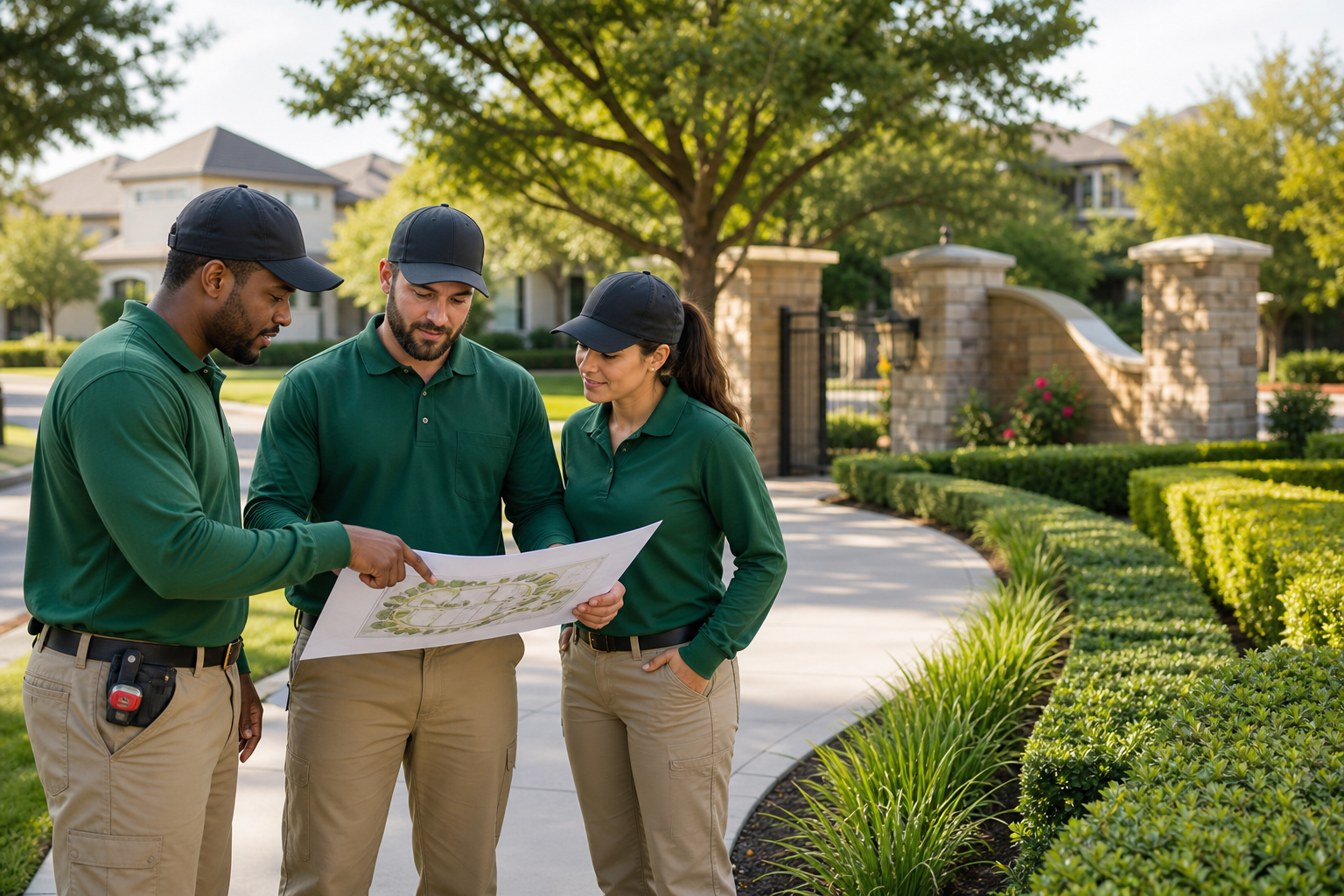 Landscape maintenance crew reviewing a property plan on a landscaped walkway with trimmed hedges