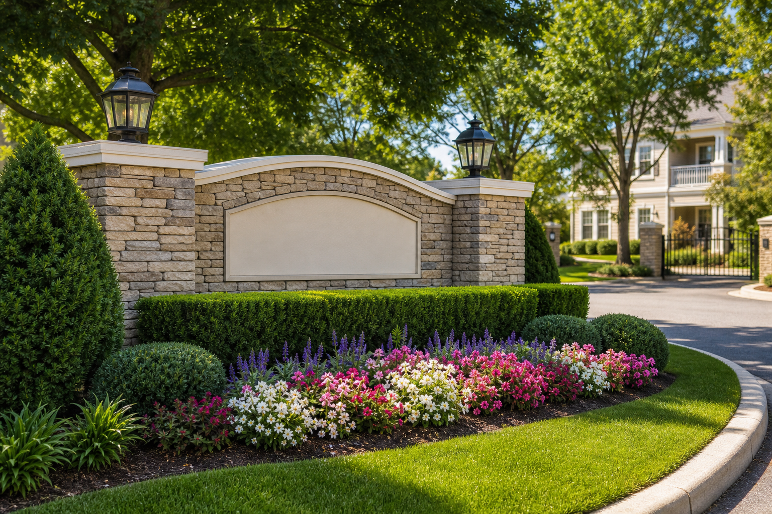 Refreshed community entrance with clean signage, trimmed hedges, and seasonal color beds