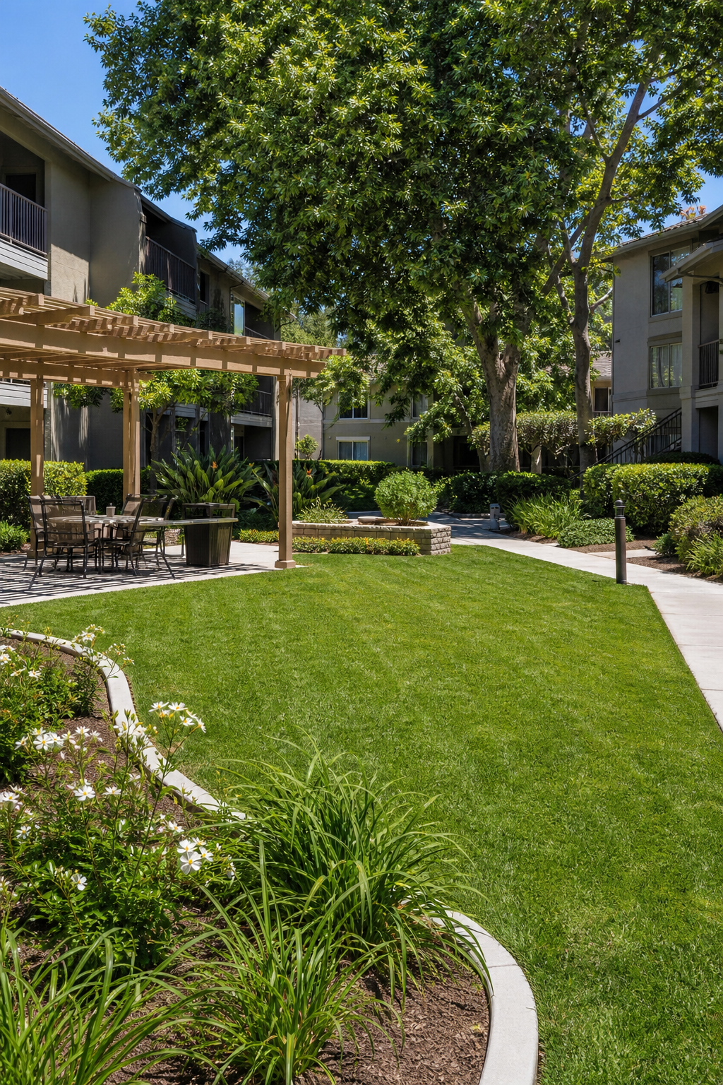 Well-maintained courtyard common area with evenly mowed turf, shaded seating, and tidy planting borders