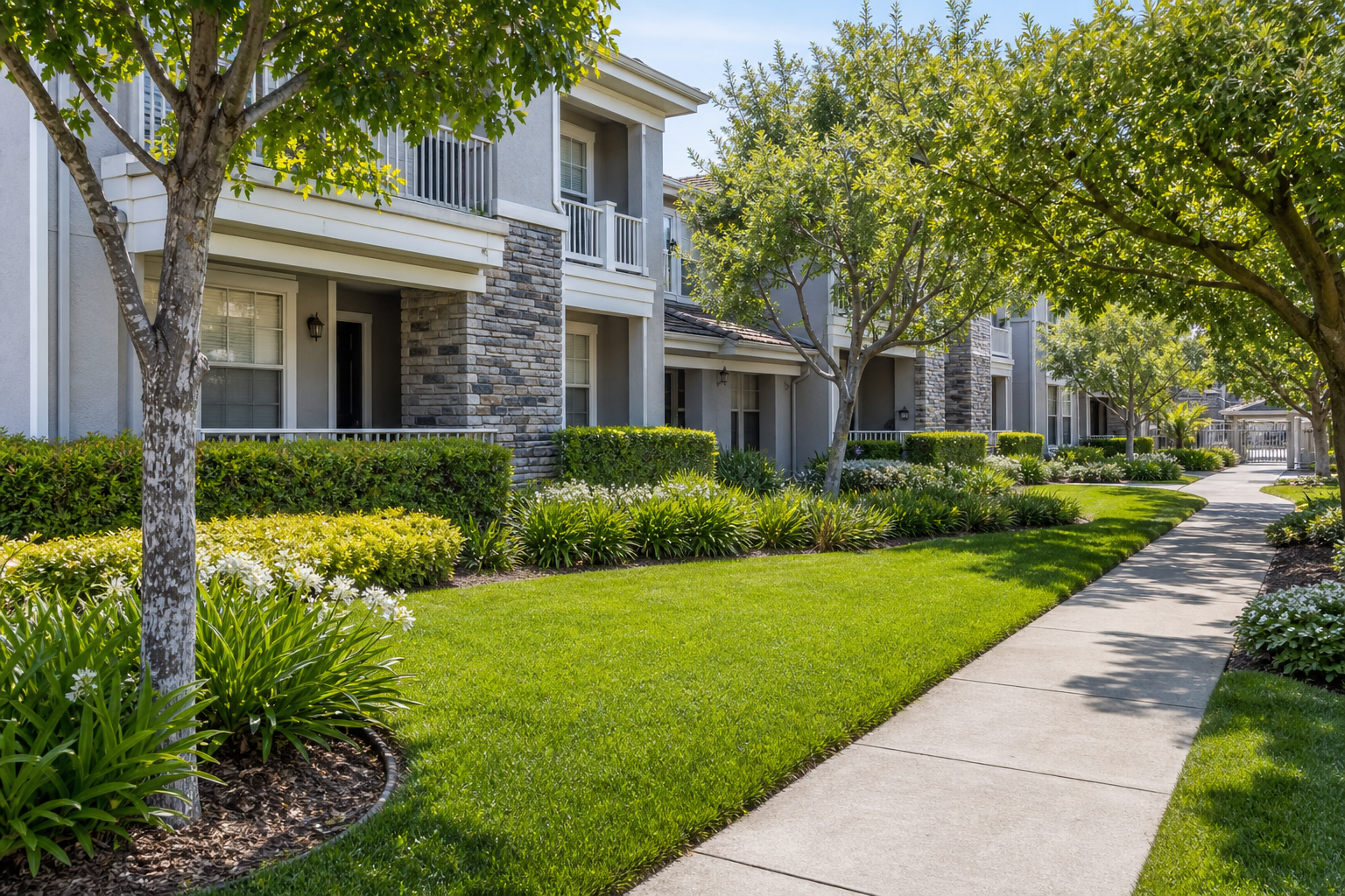 Wide curb appeal overview showing healthy lawns, trimmed trees, and clean walkways in a multi-unit property