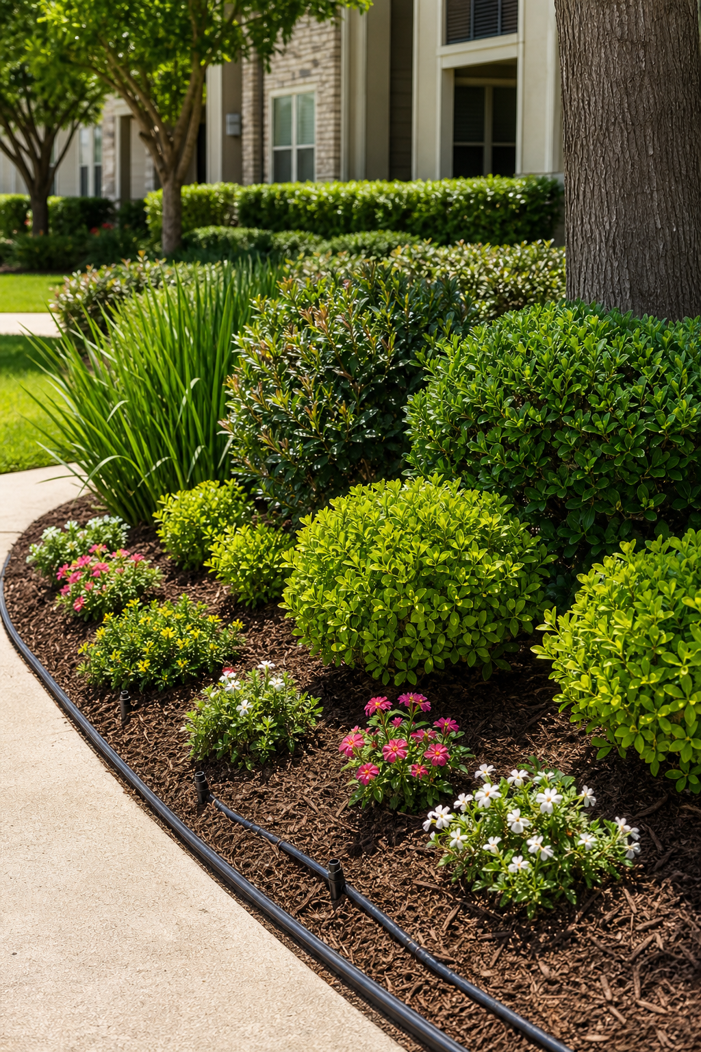 Renewed planting beds with layered shrubs, fresh mulch, and drip irrigation edging