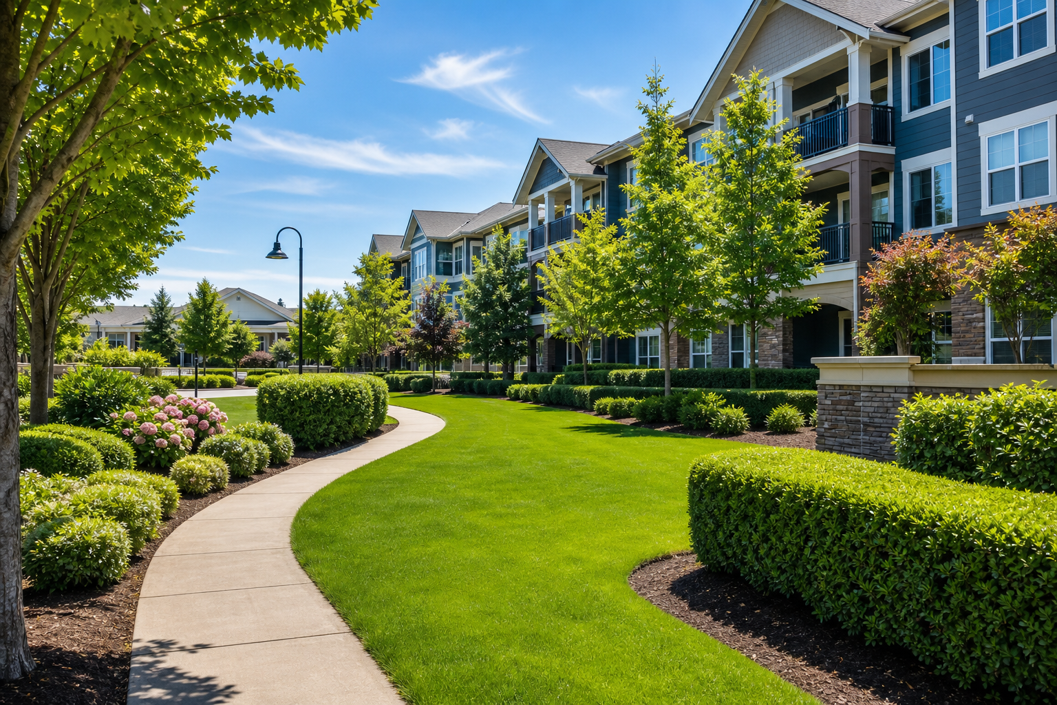 Manicured commercial landscape with trimmed hedges, lush green lawn, and multi-unit buildings in the background
