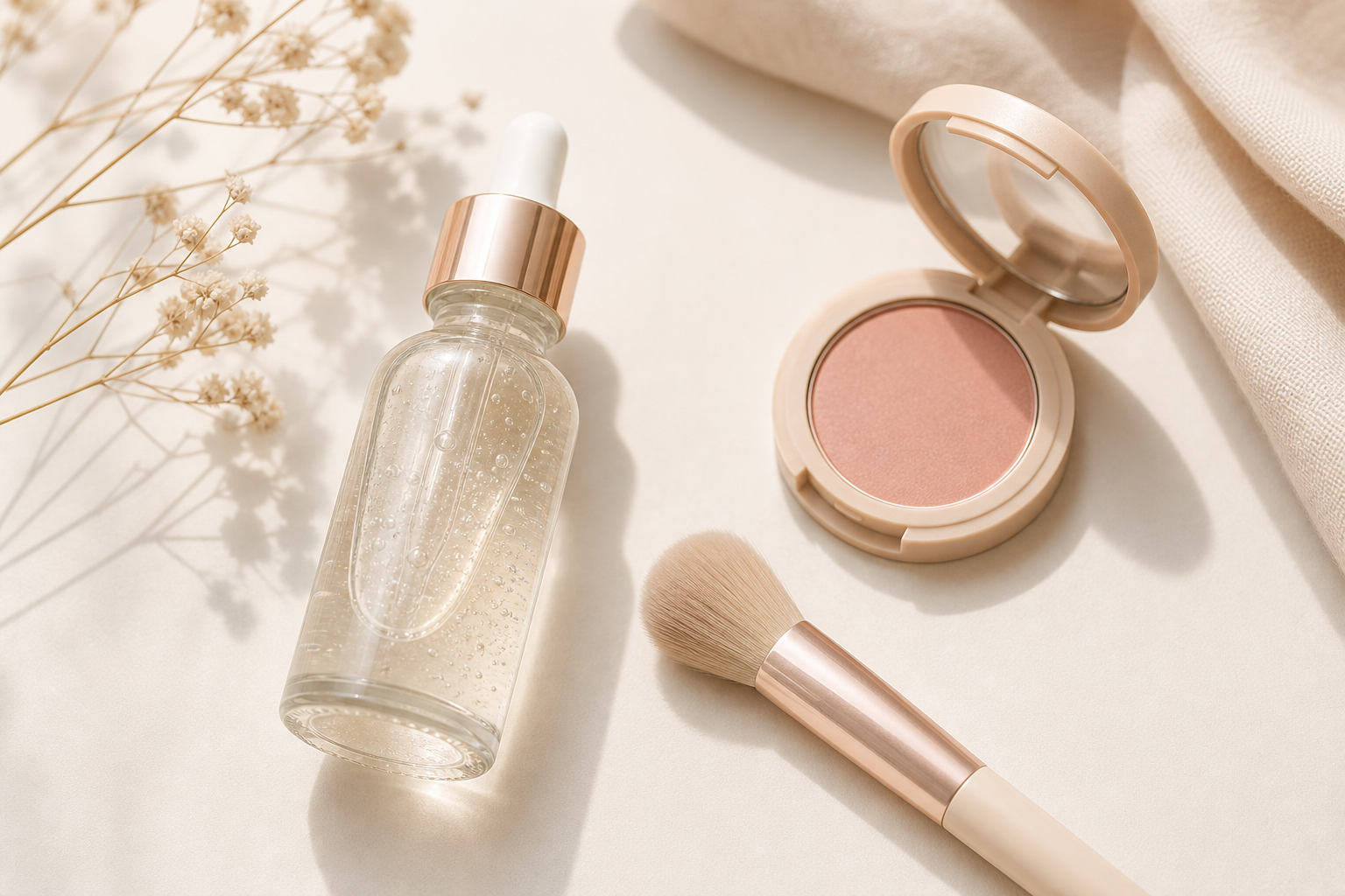 Soft beauty flatlay with a glass dropper serum bottle, a compact blush, and a neutral-toned makeup brush on a clean light surface