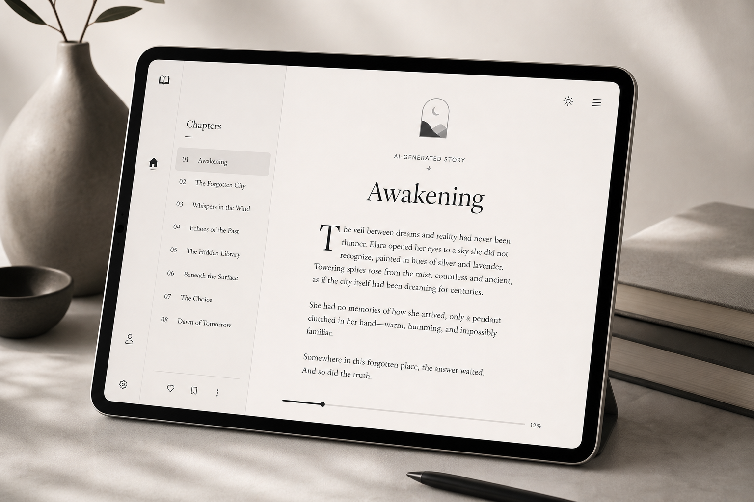 Minimalist reading interface showing an AI-generated story page with elegant typography and a soft sidebar