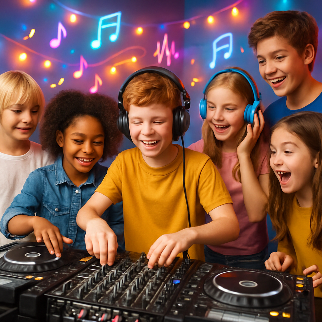 Jeunes enfants et ados découvrant le DJing sur du matériel adapté, ambiance dynamique et ludique