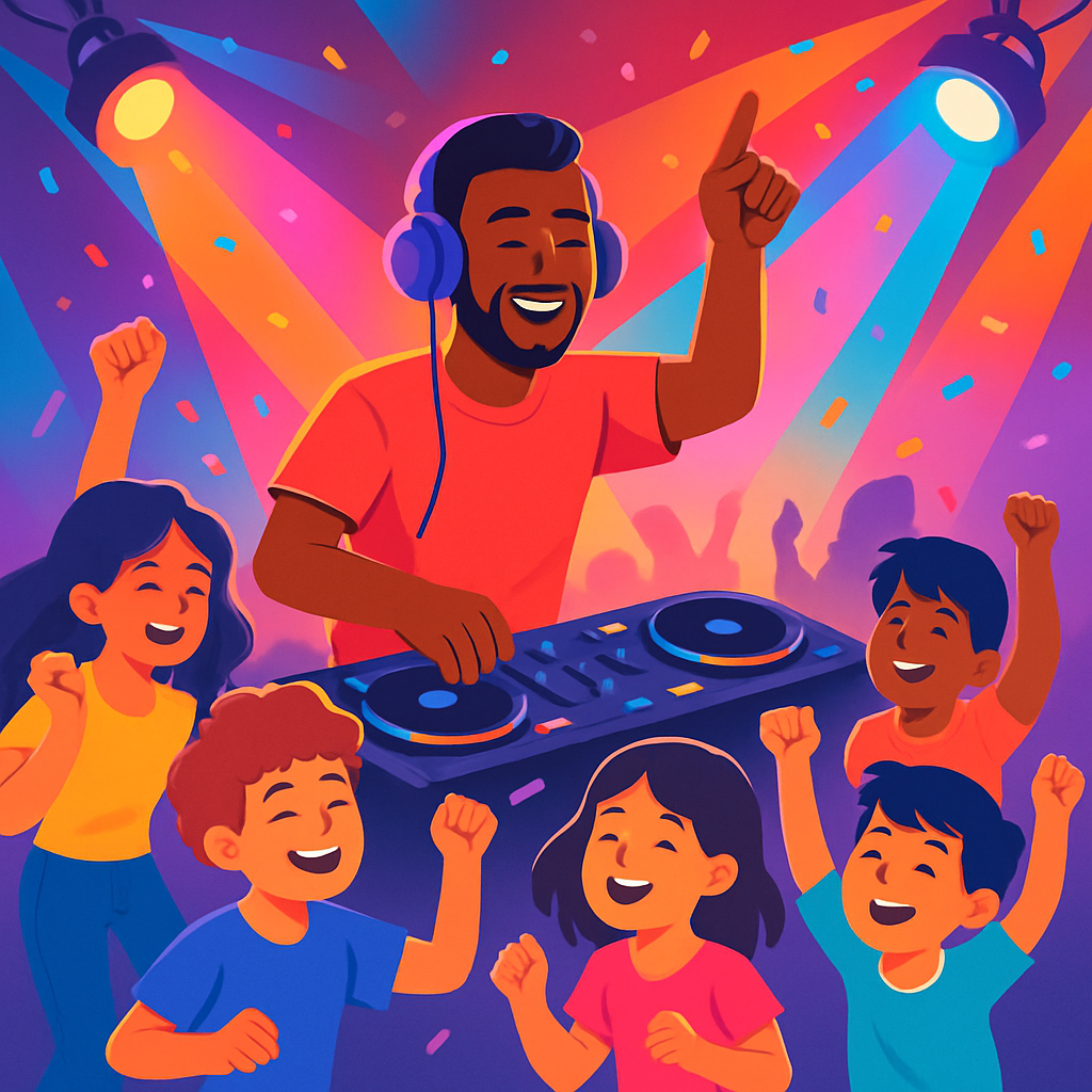 DJ moderne animant une fête colorée, platines, enfants et ados dansant, effets lumineux dynamiques