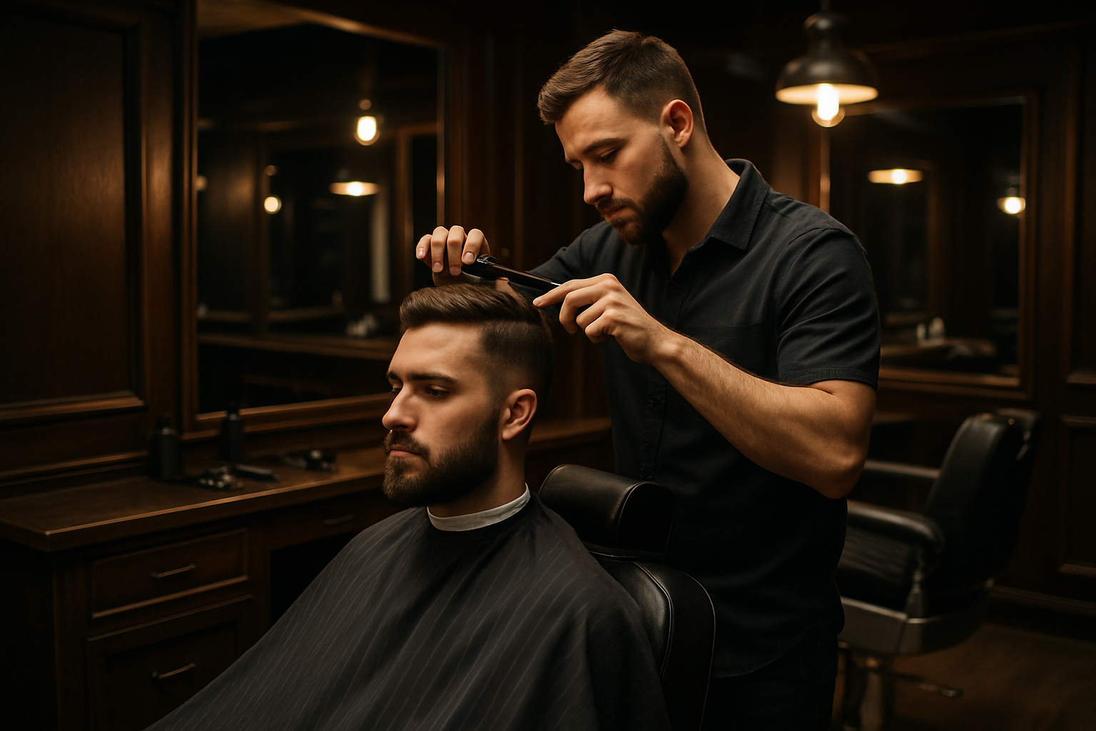 Modern barbershop interior with a barber cutting a client’s hair, dark wood stations and warm lighting