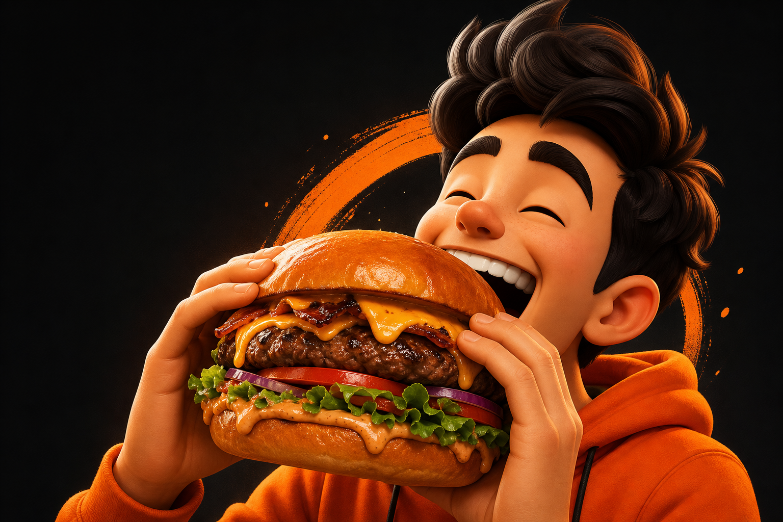 Hamburguesa grande y jugosa con queso fundido junto a un personaje cartoon moderno disfrutándola con mucha energía, estilo premium y divertido sobre fondo oscuro