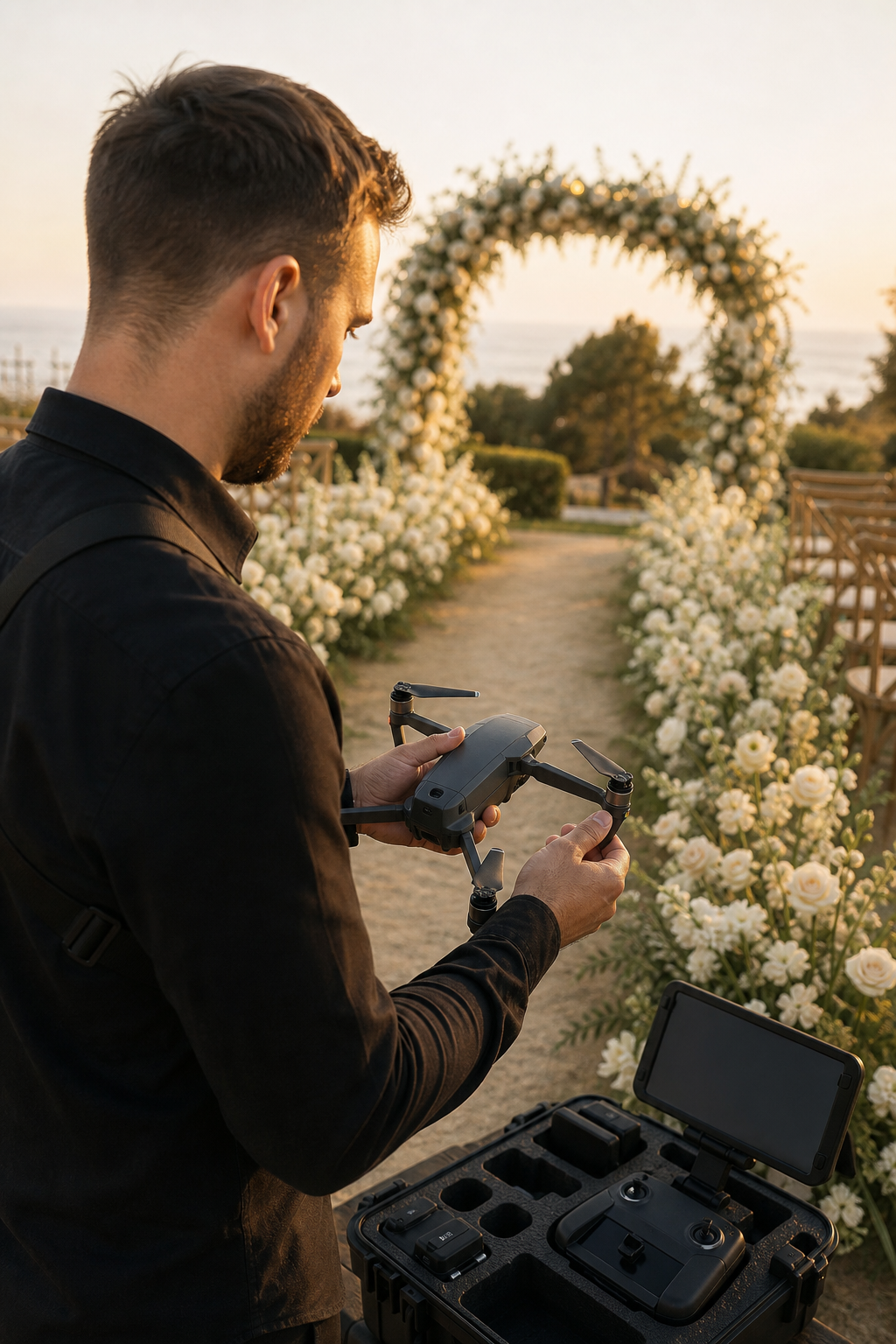 Behind-the-scenes wedding drone setup beside a floral ceremony aisle at golden hour