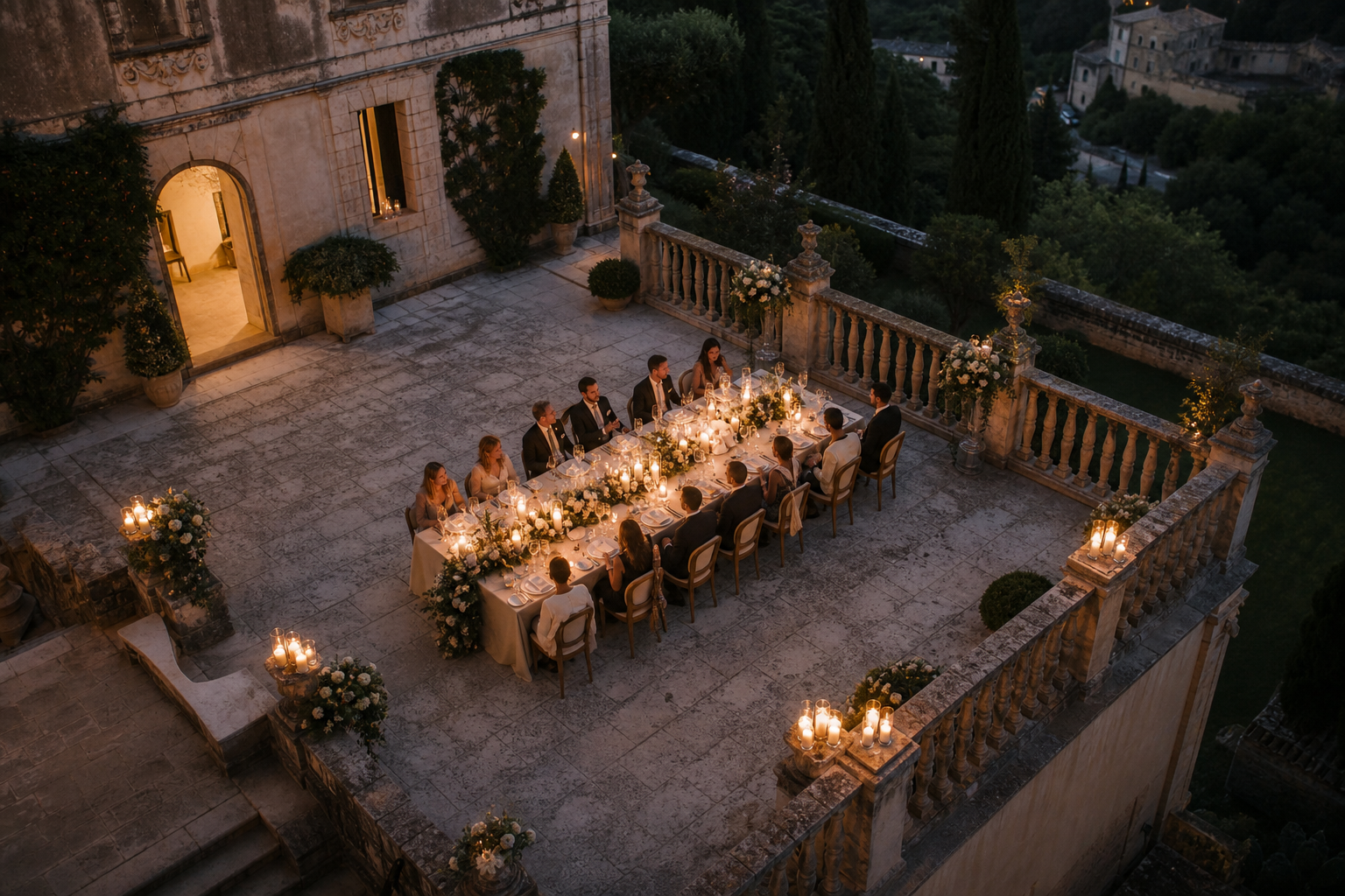 Aerial evening view of an intimate candlelit wedding dinner on a stone terrace