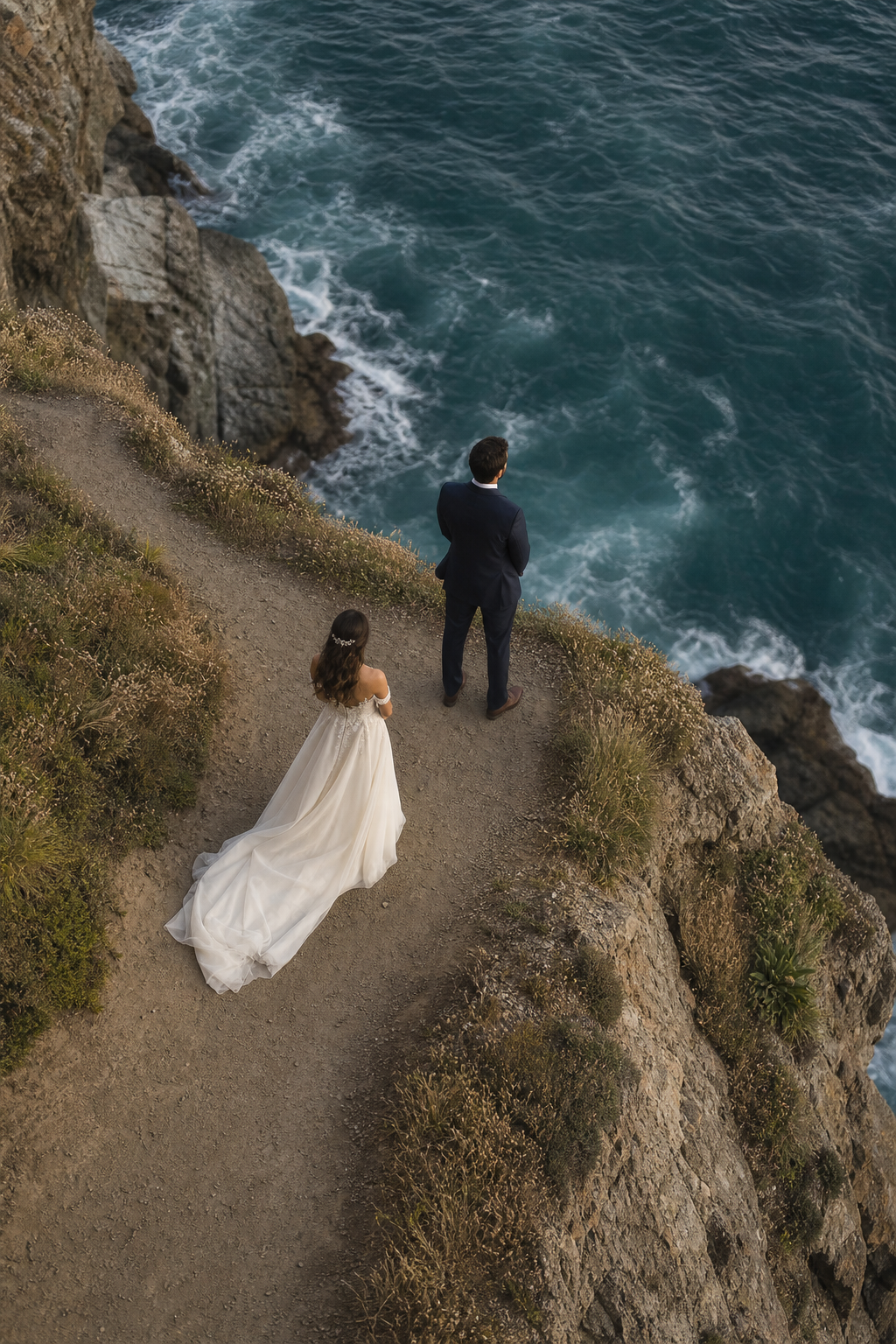 Vertical aerial portrait of a couple at a coastal cliff path during first look with ocean backdrop