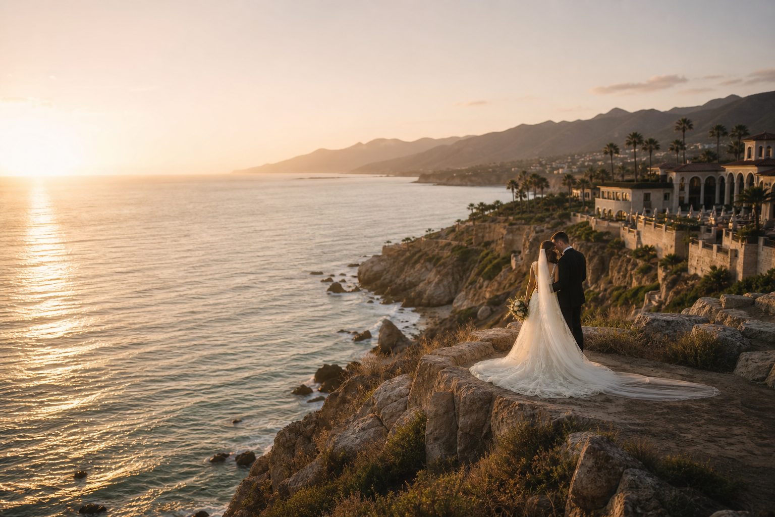 Bride and groom standing on a cliffside overlook above an oceanfront wedding venue at golden hour, captured in a cinematic aerial composition with flowing veil and warm sunset light