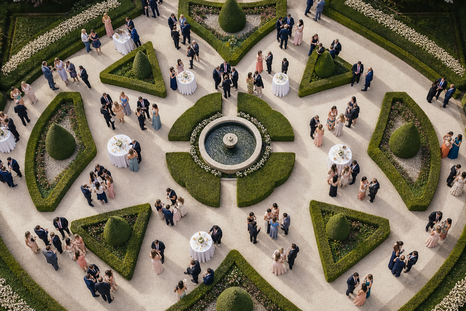 Top-down drone shot of wedding guests mingling in a formal garden during cocktail hour