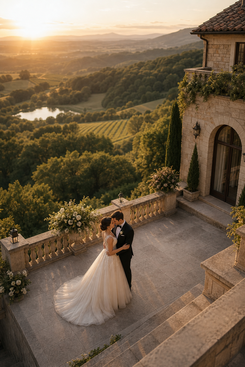 Cinematic aerial view of a bride and groom at sunset beside an elegant wedding venue