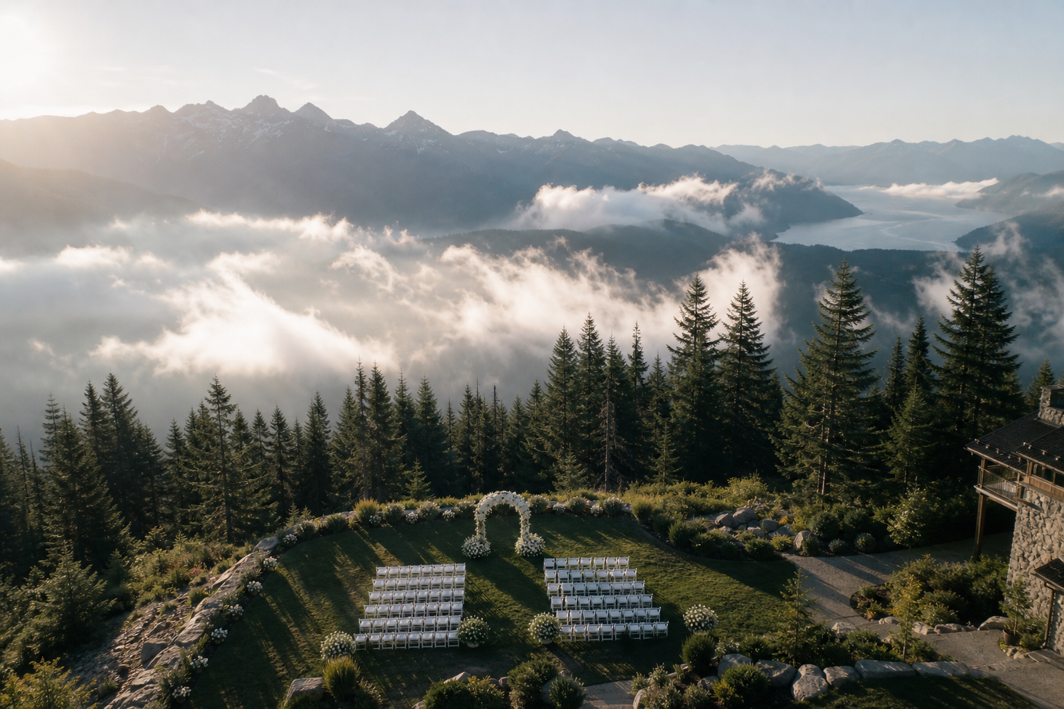 Wide aerial still of a mountain wedding venue at dawn with mist above pine trees