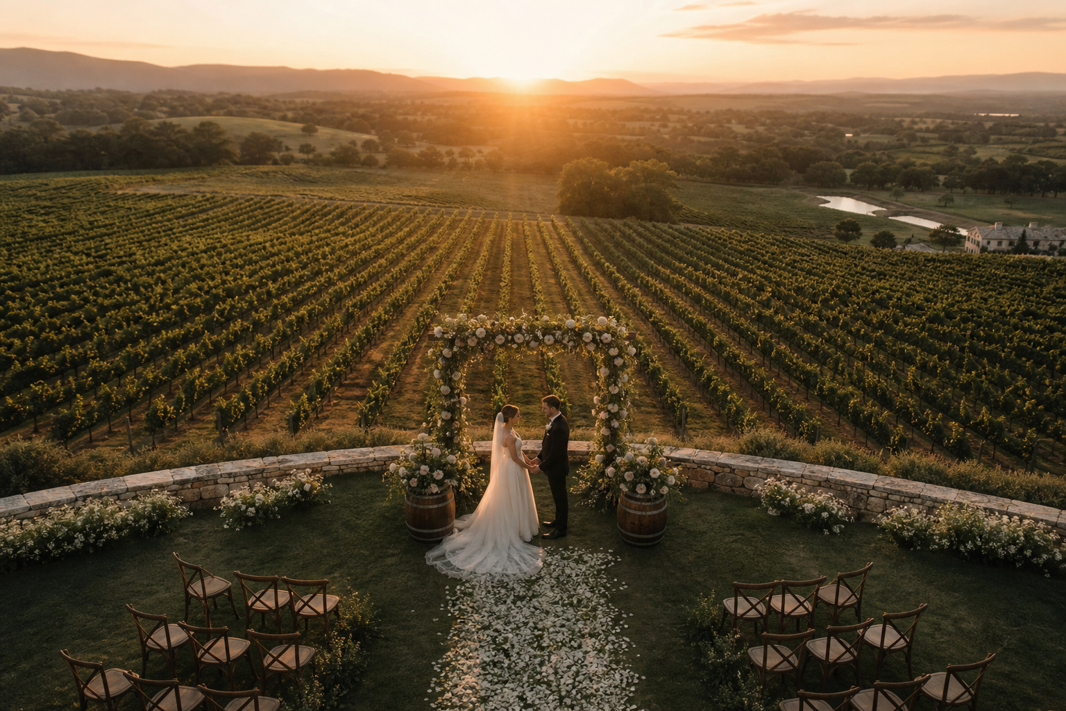 Bride and groom standing at vineyard altar during sunset with a drone perspective over rolling vines