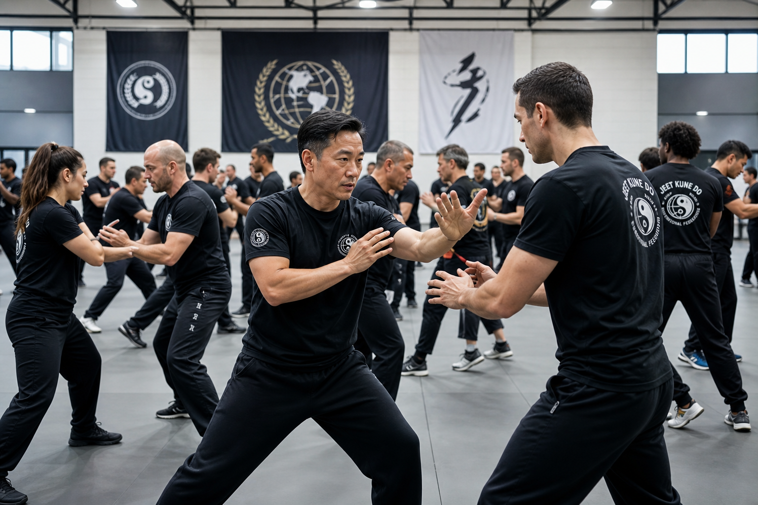 International Jeet Kune Do seminar training floor with coaches demonstrating partner drills to athletes in modern dojo lighting