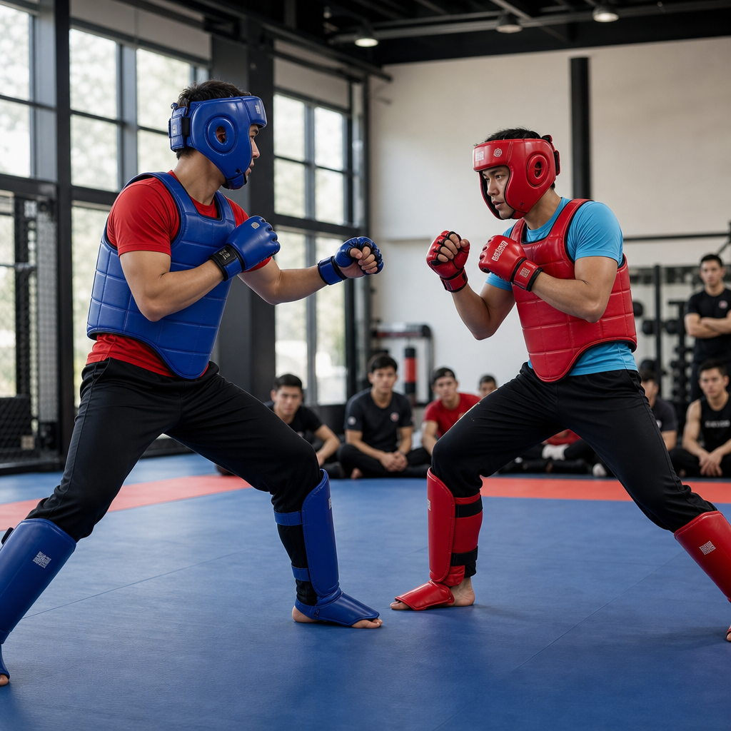 Seminar training support scene with coach demonstrating partner drills to a focused class