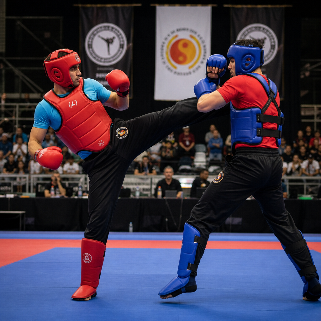 Main tournament action scene with two Jeet Kune Do athletes exchanging strikes in a lit competition arena