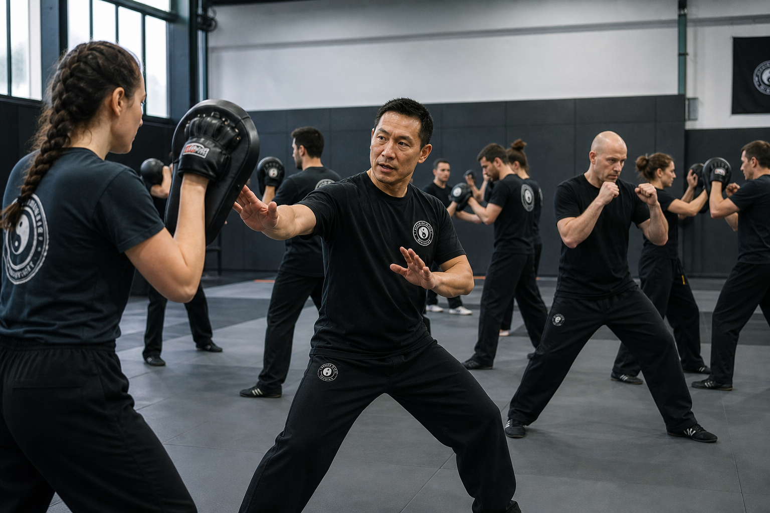 Jeet Kune Do instructors guiding athletes through focused technical drills in a modern indoor training hall