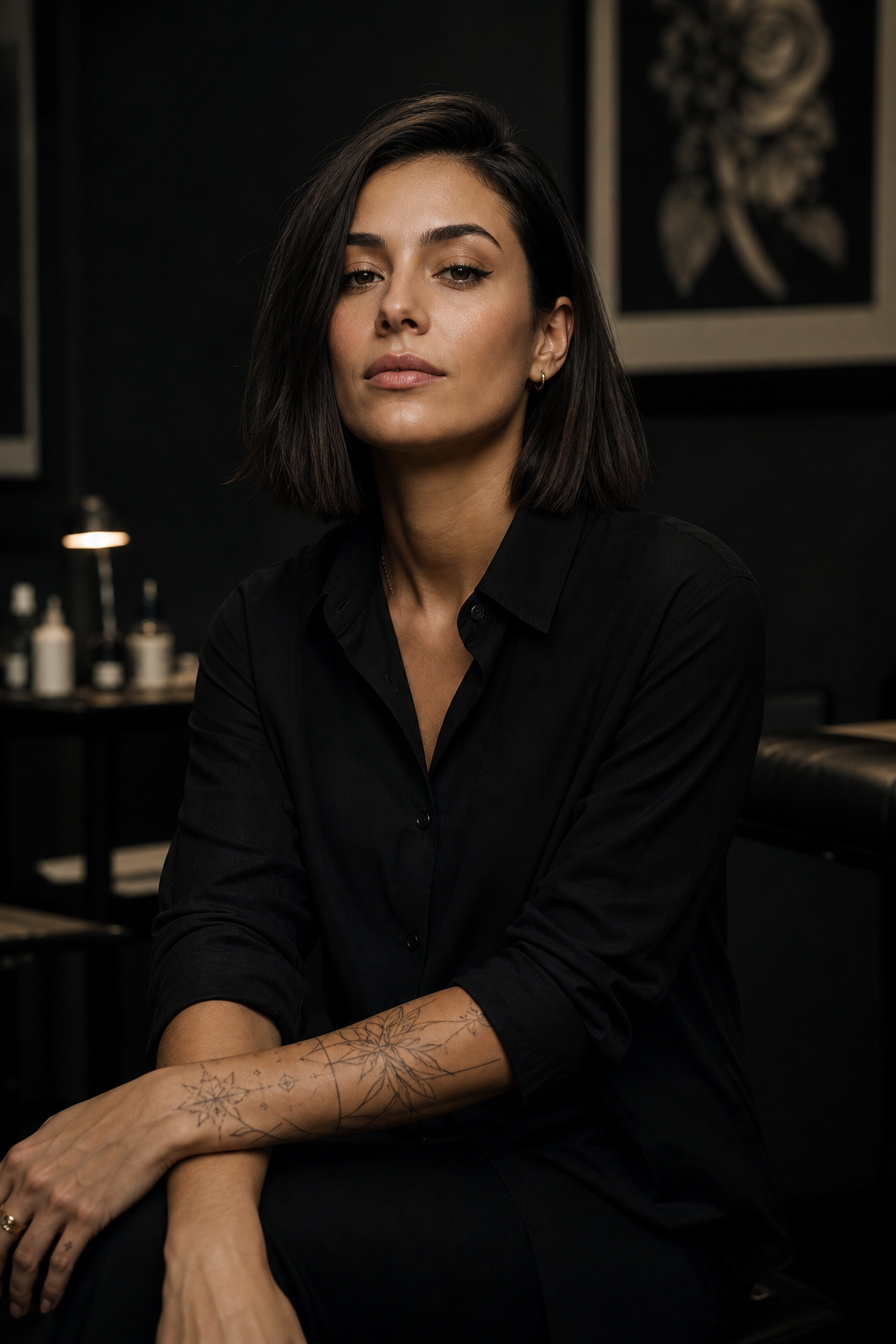 Aria Vale, fine line specialist with a polished monochrome portrait