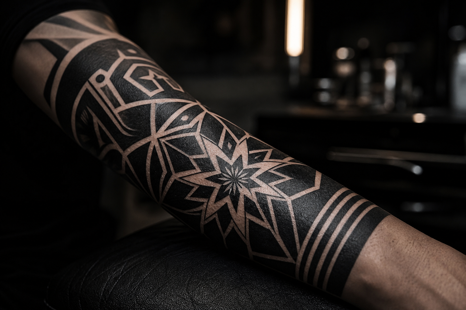 Bold blackwork forearm tattoo with geometric shapes and solid black fills under studio lighting