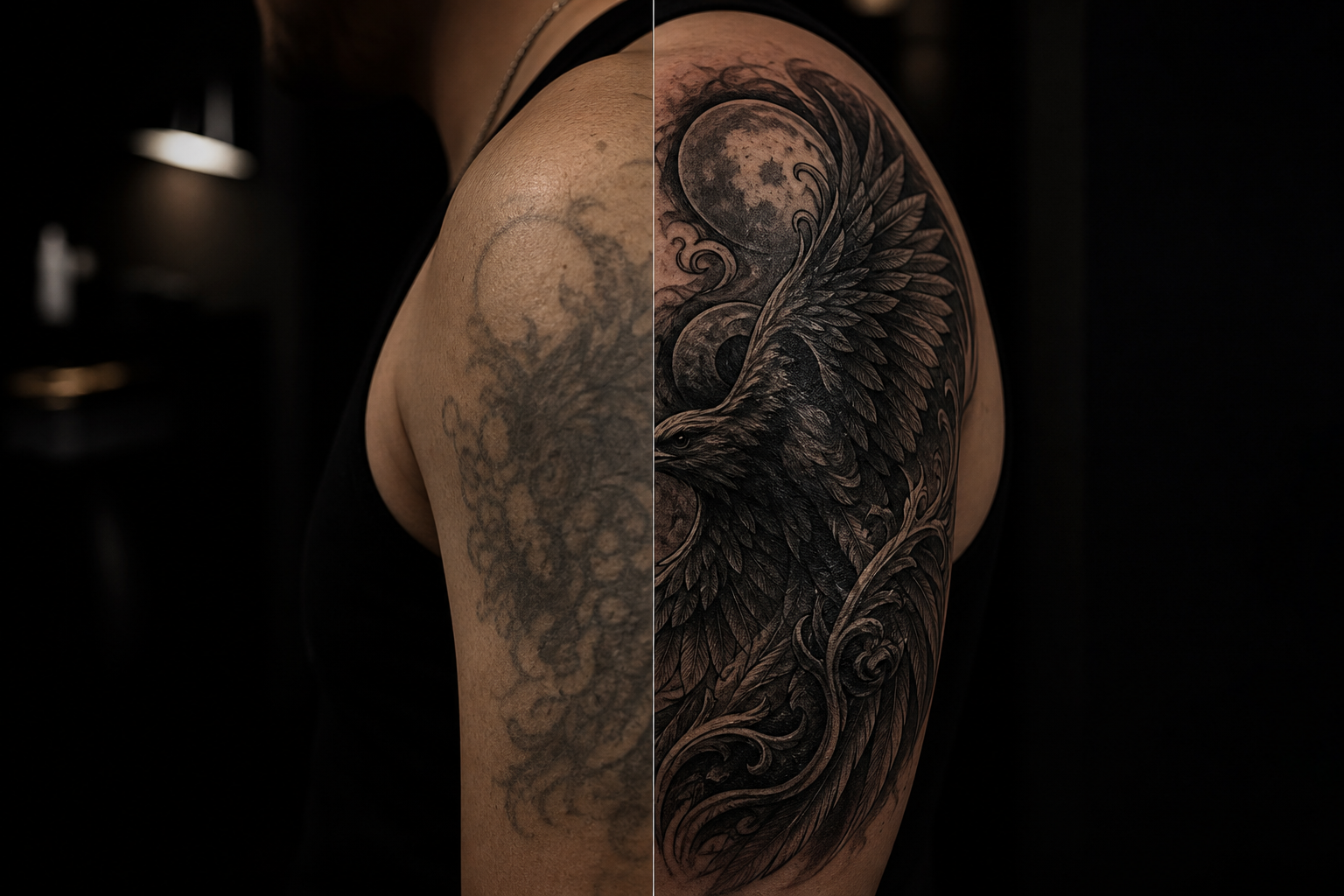 Before-and-after style presentation of a cover-up tattoo with darker layered composition on shoulder