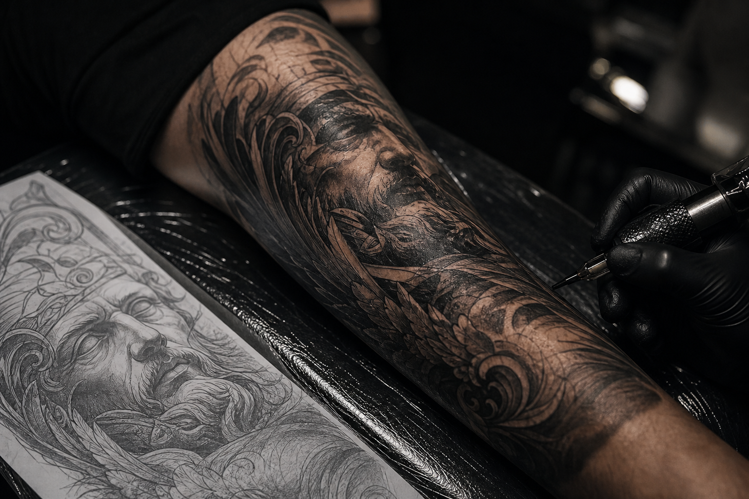 Detailed custom sleeve sketch and fresh black ink tattoo on forearm in a premium studio setting