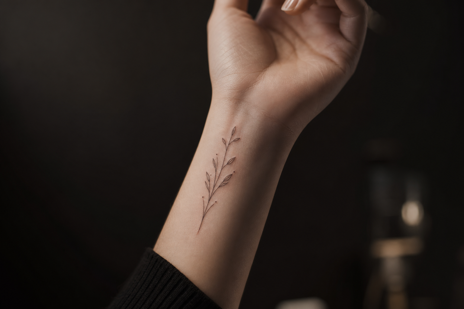 Close-up of a delicate fine line floral tattoo on wrist with crisp thin black lines