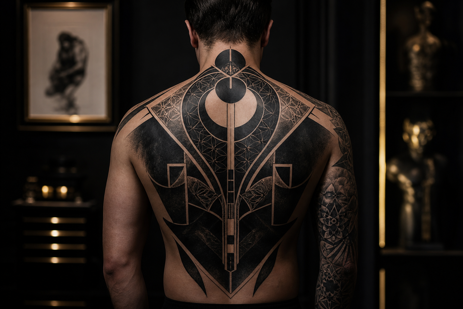 High-contrast blackwork geometric back tattoo with bold shapes and smooth saturation