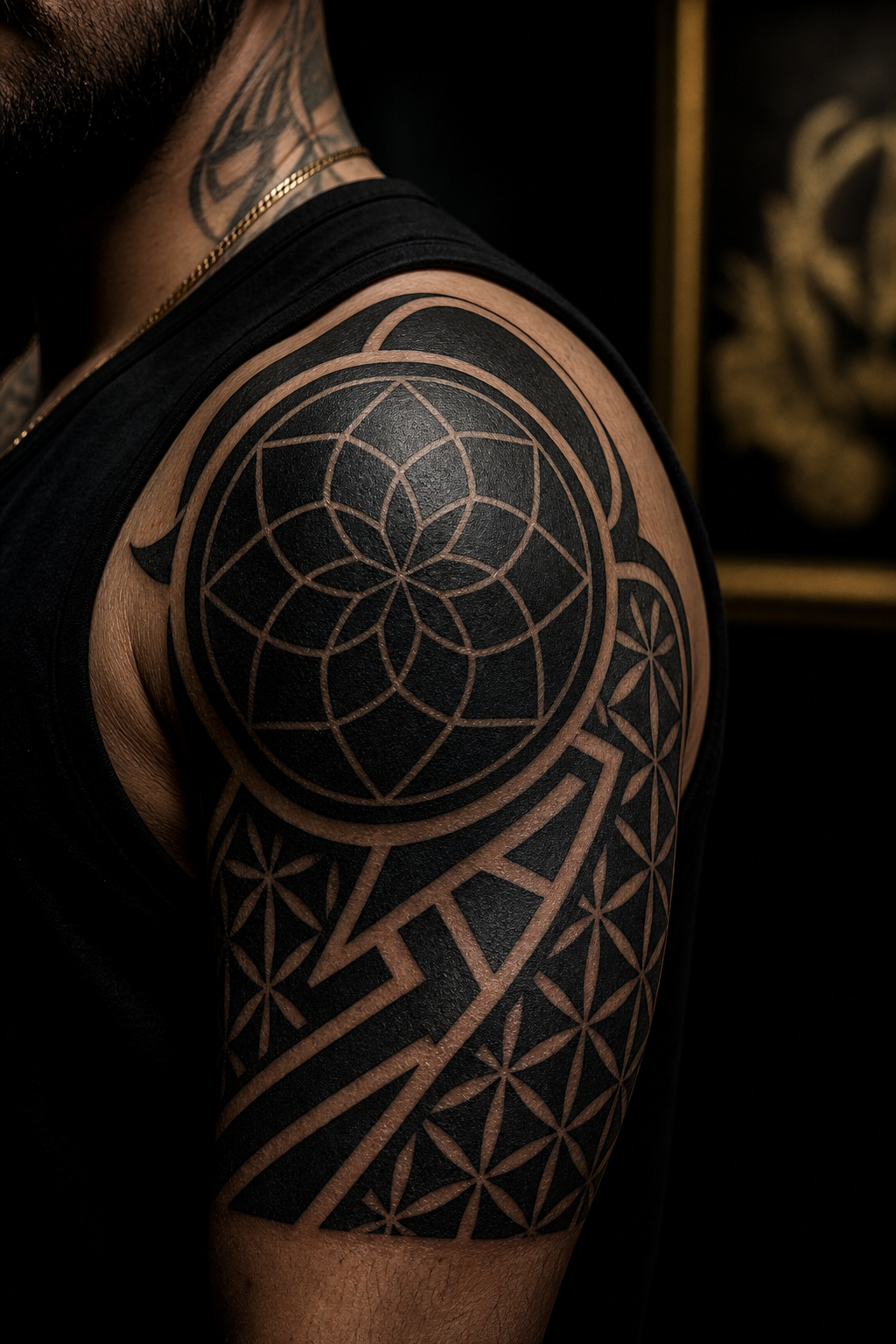 Blackwork abstract shoulder tattoo with dense fill and negative-space carving