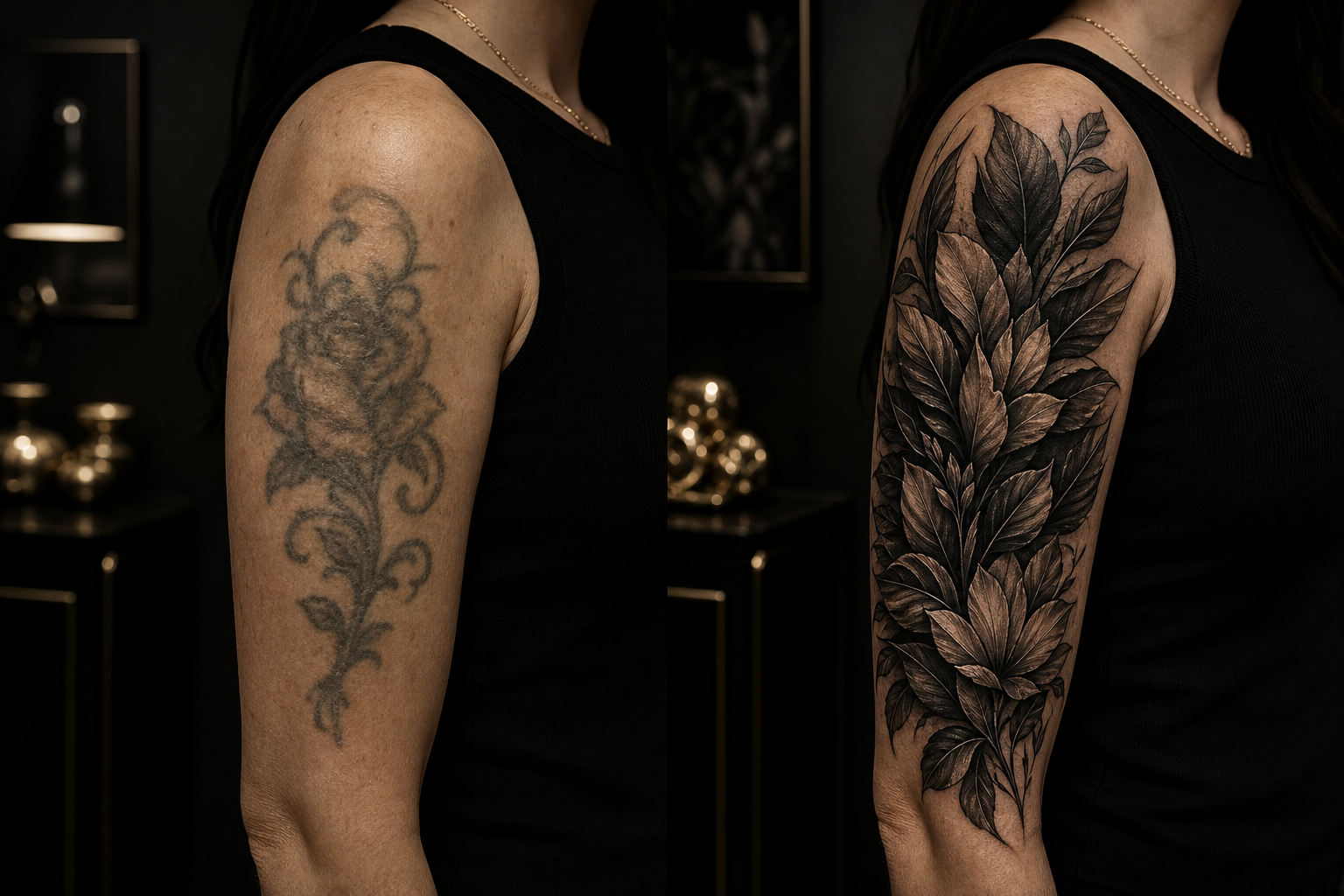 Cover-up tattoo transformation showing layered botanical design concealing older faded ink