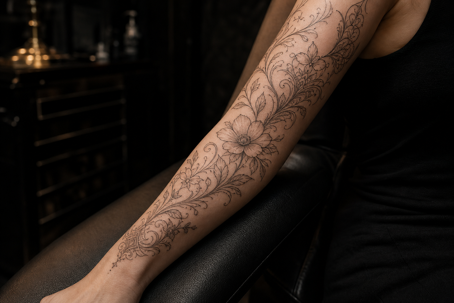 Large fine line floral and ornamental sleeve tattoo on forearm in a luxury studio setting