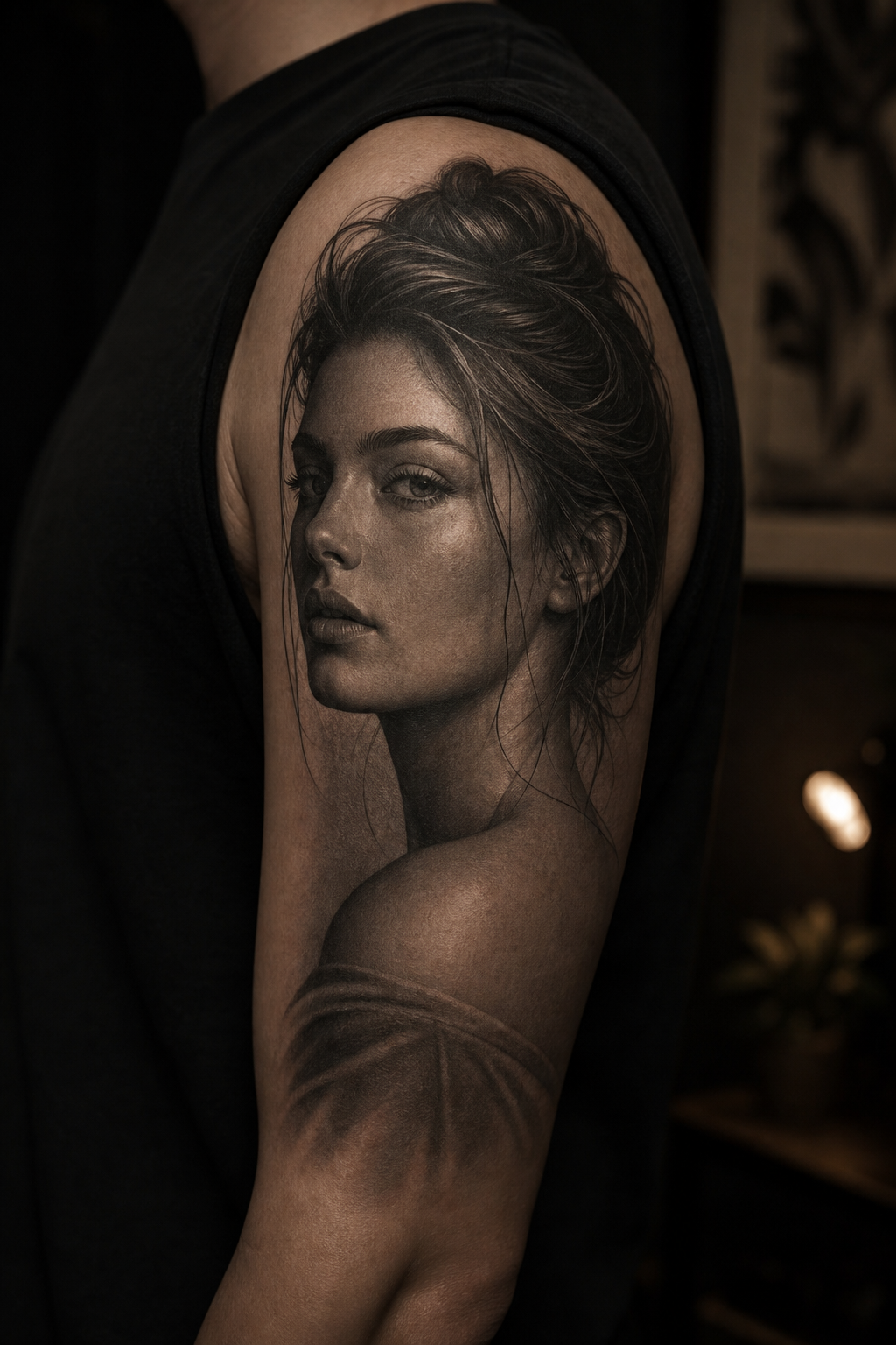 Realism portrait tattoo in grayscale with soft shading and detailed facial texture