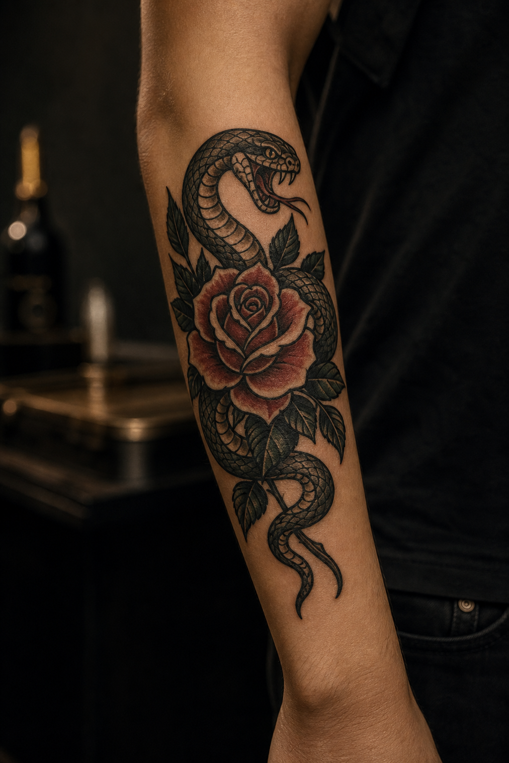 Traditional rose and serpent forearm tattoo with crisp outlines and balanced composition