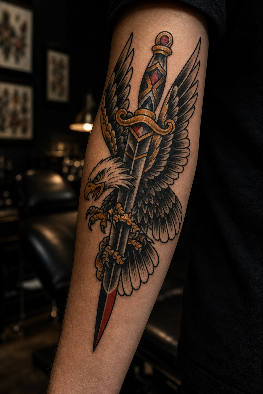Traditional tattoo flash style eagle and dagger with clean lines and classic color blocking