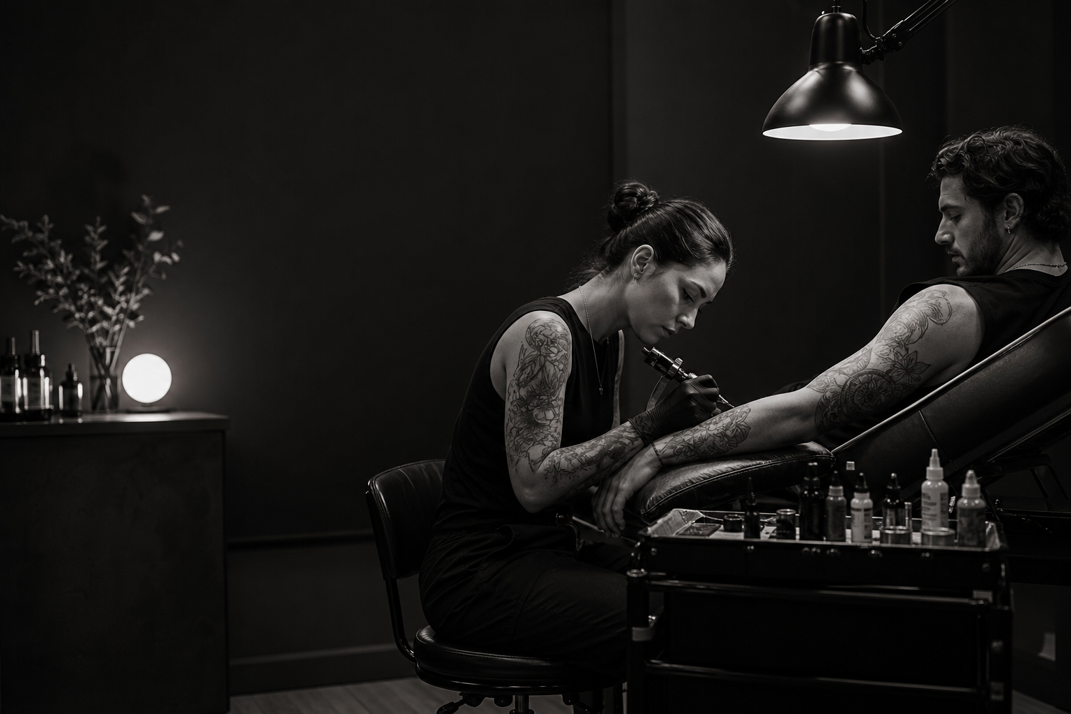 Monochrome luxury tattoo studio scene with an artist creating a fine-line blackwork tattoo under focused task lighting